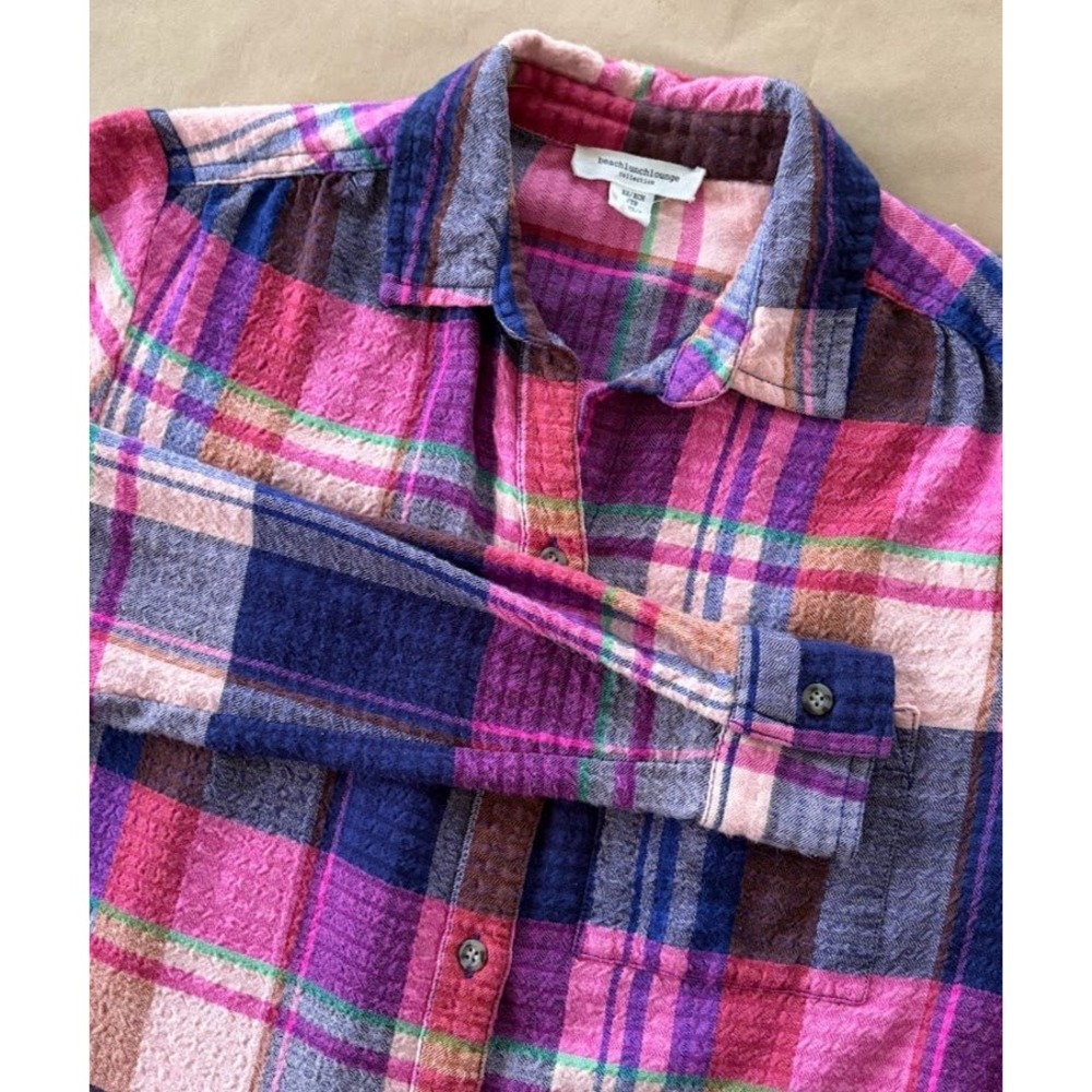 Beach Lunch Lounge Womens XS Flannel Plaid Button Down Shirt Boho Grunge Cabin‎